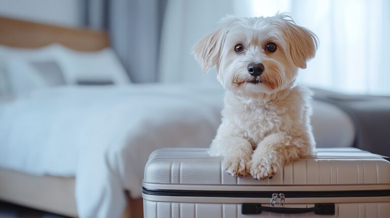 Hund im Hotel mit Koffer