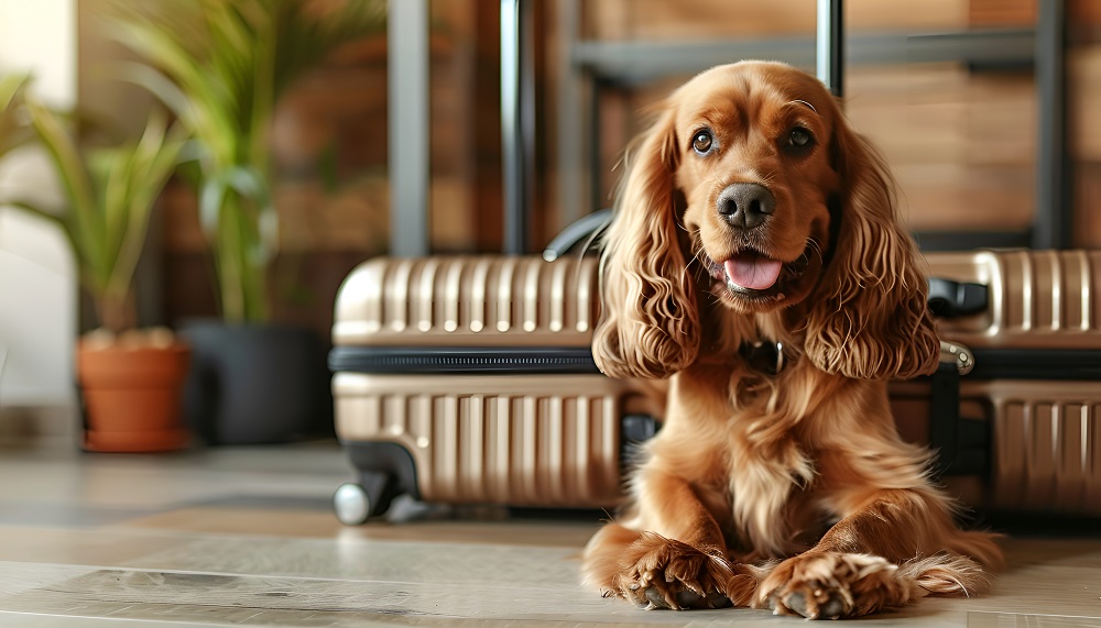 Hund mit Koffer in Hotellobby
